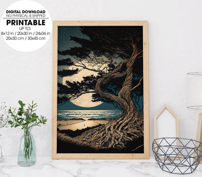 Moon And Giant Cedar Tree With Branches Into The Stars, Poster Design, Printable Art