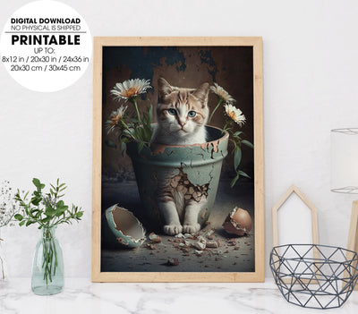 Cute Cat And Broken Flower Pots With Blooming Chrysanthemum, Poster Design, Printable Art