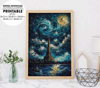 Van Gogh Style Starry Night With Background As Paris With Eiffel Tower, Poster Design, Printable Art