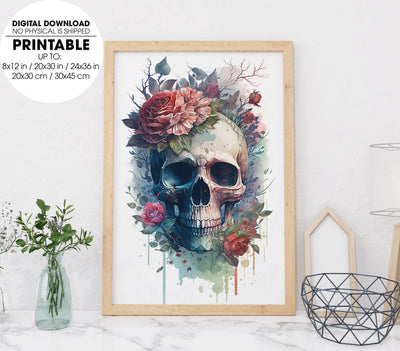 Skull With Roses In Watercolor Style, Anatomy Skull With Floral Decorative, Poster Design, Printable Art