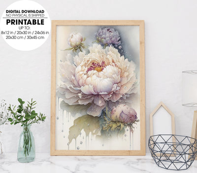 Peony Flowers, Floral Watercolor, White Peony With Dew Drops, Poster Design, Printable Art