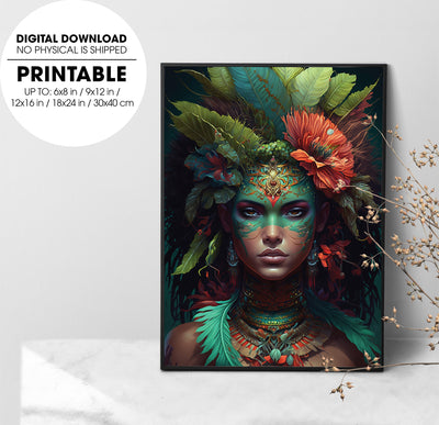 Tropicalpunk Goddess Queen, Luscious Fantasy Art In Jungle, Poster Design, Printable Art