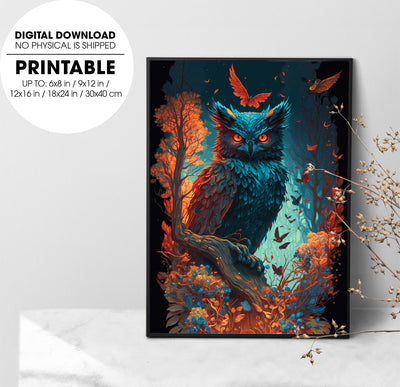 Blue Owl In The Jugle, Cyborg Night Owl in the jungle, Poster Design, Printable Art