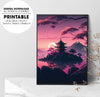 Japanese Temple On An Island In The Distance During A Pink Sunrise, Poster Design, Printable Art