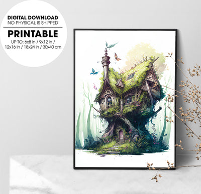 Overgrown Fantasy Fairy House, Fairy Tree Houses, Treehouse Art, Poster Design, Printable Art