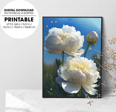 White Peonies Flower Under The Blue Sky In The Early Morning, Poster Design, Printable Art