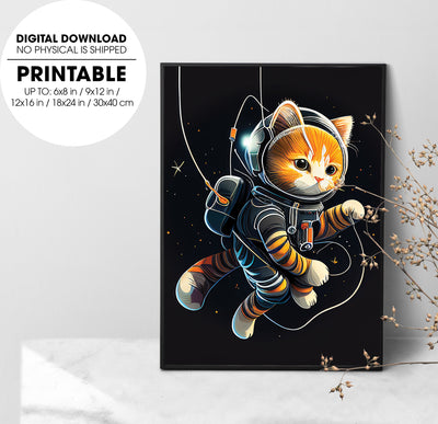 Cute Cat With Astronaut Suit In The Space Big Cute Eyes, Poster Design, Printable Art