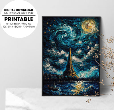 Van Gogh Style Starry Night With Background As Paris With Eiffel Tower, Poster Design, Printable Art