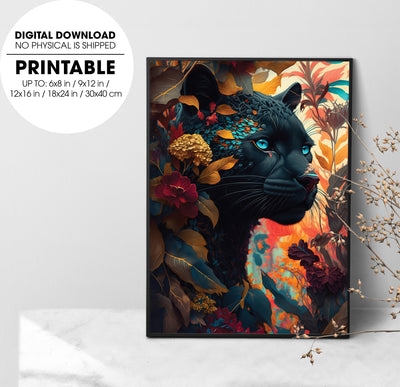Black Panther Hiding Behind Vibrant Intricate Flowers, Majestic Black Panther, Poster Design, Printable Art