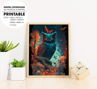 Blue Owl In The Jugle, Cyborg Night Owl in the jungle, Poster Design, Printable Art