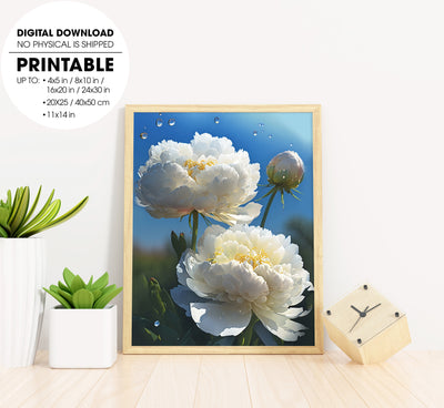 White Peonies Flower Under The Blue Sky In The Early Morning, Poster Design, Printable Art