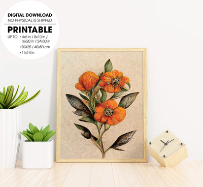Small Cartamus Flowers, Small Orange Herbaceous Plant Vintage, Poster Design, Printable Art
