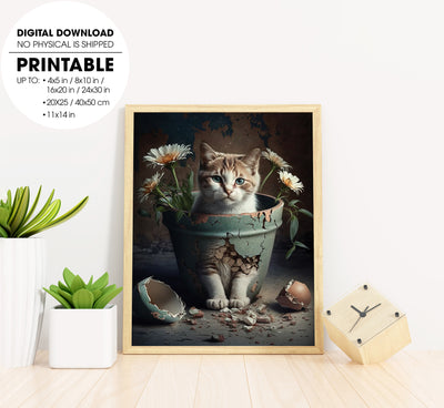 Cute Cat And Broken Flower Pots With Blooming Chrysanthemum, Poster Design, Printable Art