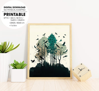 Birds And Trees, Wild Landscape Digital Art, Watercolor Art, Poster Design, Printable Art