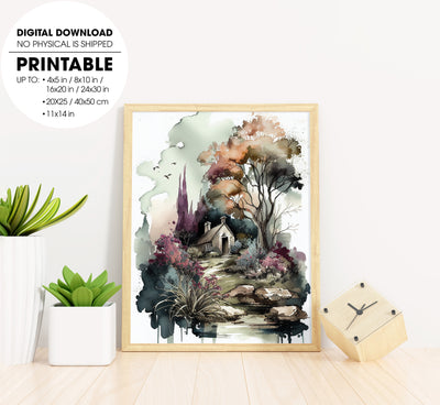 Landscape In Watercolor With A Fairy Garden, House On Hill, A Fairy Garden, Poster Design, Printable Art