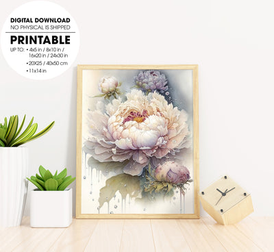 Peony Flowers, Floral Watercolor, White Peony With Dew Drops, Poster Design, Printable Art