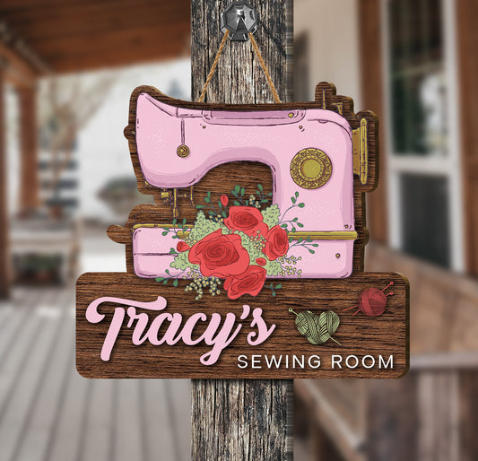 Personalize your sewing area with this truly unique Sewing Room Wood Sign. Crafted from plywood and featuring a custom name, this decorative sign is an ideal choice for any sewing enthusiast. It's the perfect accent for your sewing room, providing a personalized touch with an element of style.