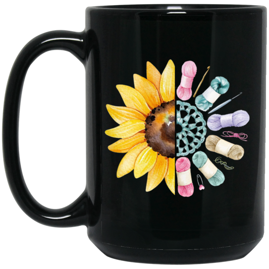 Sunflower Lover, Pretty Sunflower Crocheting Knitting For Women, Love Knitter Black Mug