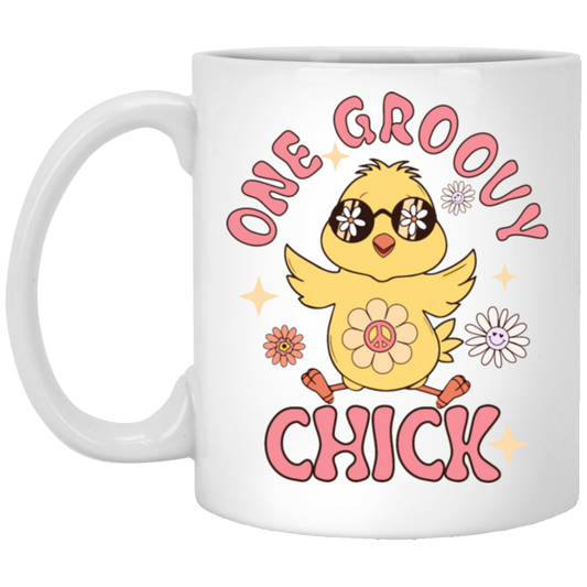 Easter Gift, Chick Love Gift, Chicken Lover, One Groovy Chick Gift, Retro Style White Mug