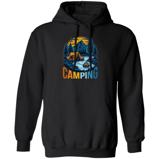 Camping In A Forest, Camping On Lake With Mountain, Retro Style Pullover Hoodie