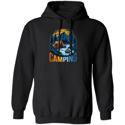 Camping In A Forest, Camping On Lake With Mountain, Retro Style Pullover Hoodie