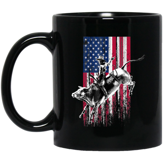 American Flag, Rodeo Bull Rider American Flag Patriotic Cowboys, Best Cowboy Black Mug