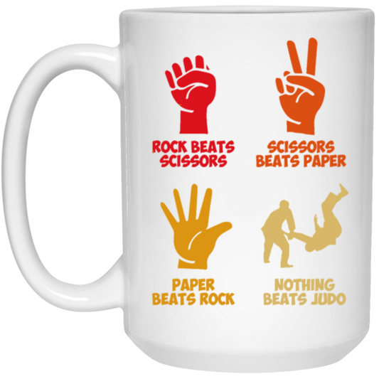 Rock Beats Scissors Beats Paper Beats Rock But Nothing Beats Judo Retro White Mug