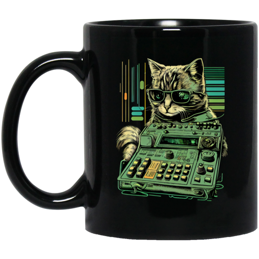 Cat Lover, Cool Cat, Cat Synthesizer, Analogue Synth Vintage Studio Gear Black Mug