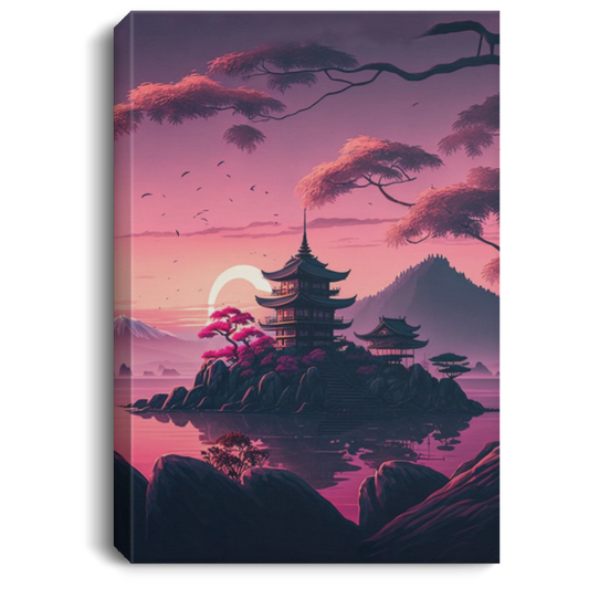 Japanese Temple On An Island In The Distance During A Pink Sunrise Canvas