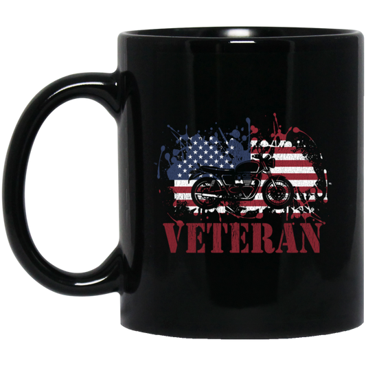 Motorcycle Veteran, Military Biker, American Flag, American Veteran Black Mug