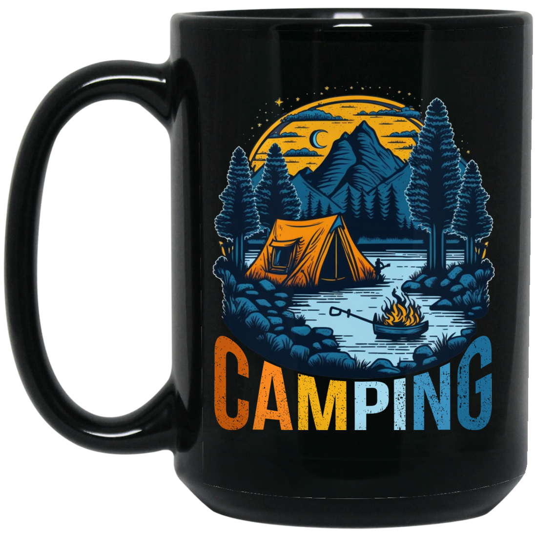 Camping In A Forest, Camping On Lake With Mountain, Retro Style Black Mug