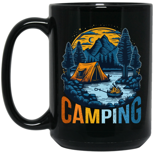 Camping In A Forest, Camping On Lake With Mountain, Retro Style Black Mug