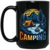 Camping In A Forest, Camping On Lake With Mountain, Retro Style Black Mug