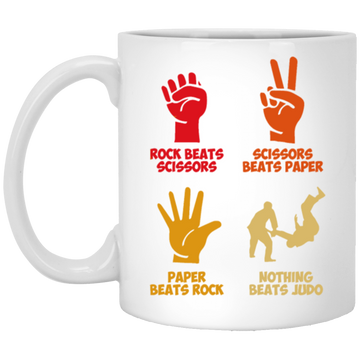 Rock Beats Scissors Beats Paper Beats Rock But Nothing Beats Judo Retro White Mug