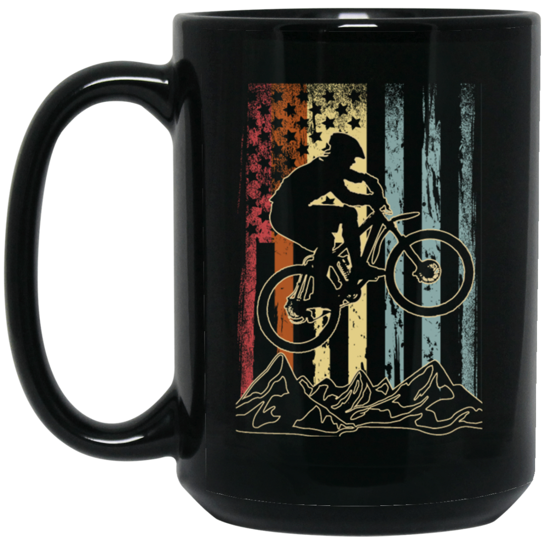Vintage Mountain Bike, Retro Biking, American Flag, American Biker Black Mug