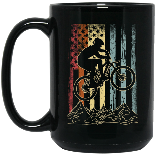 Vintage Mountain Bike, Retro Biking, American Flag, American Biker Black Mug