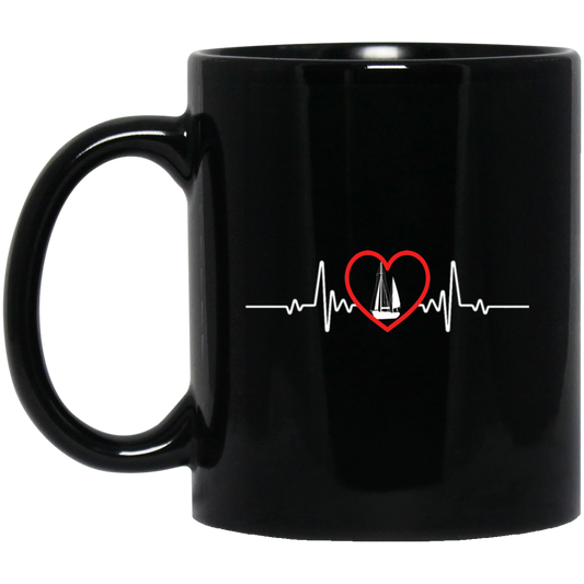 Love Sailing Boat Heartbeat, Sailing Boat And Heart, Love Sailing, Heartbeat Boat Black Mug