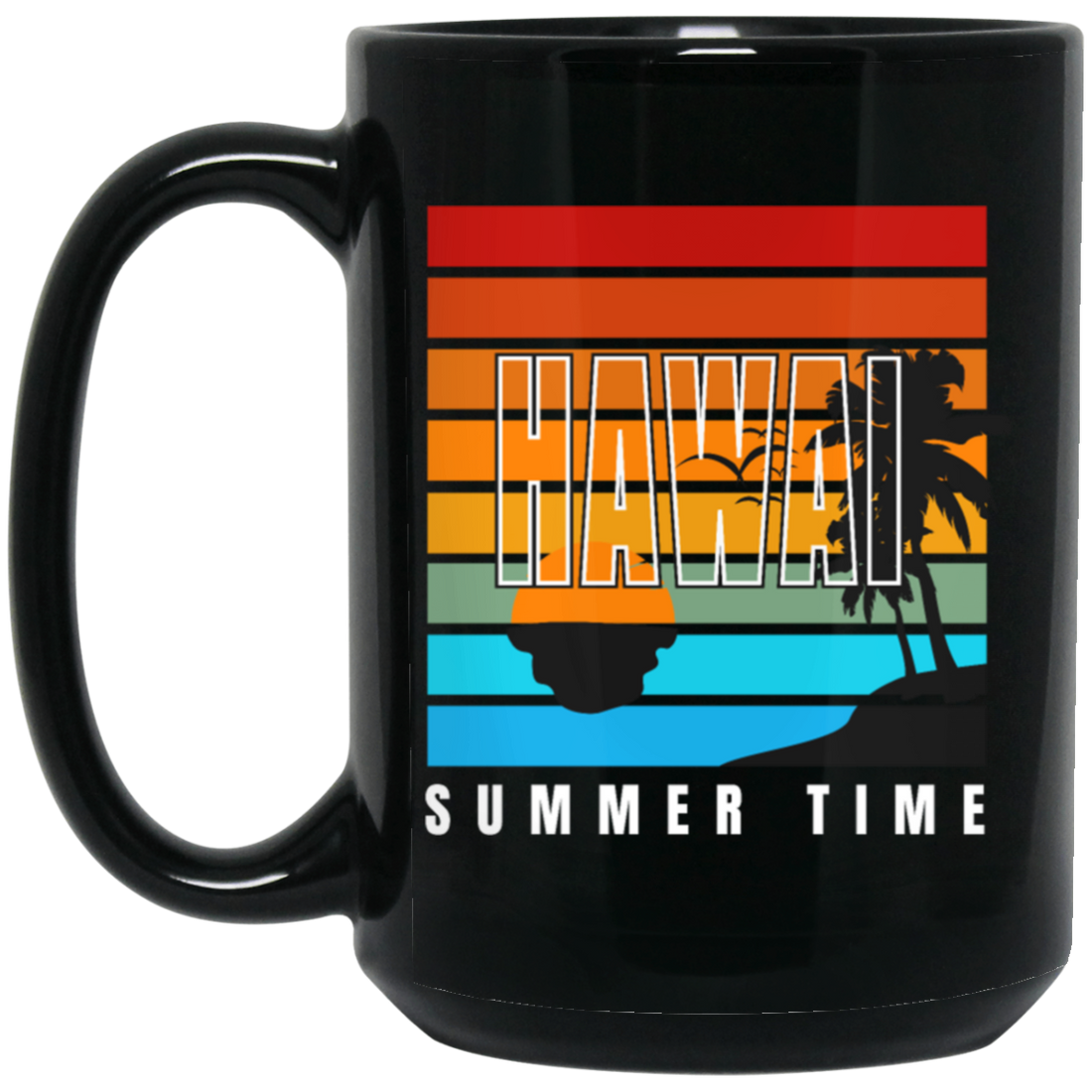 Retro Hawaii Summer Time Coconut Tree Siluet Half Left Gift Black Mug