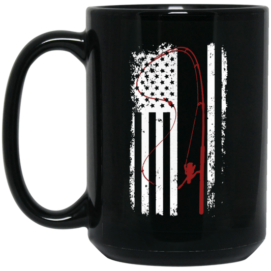 American Flag, Love To Fishing, Retro Fishing Lover, Fishing Lover Black Mug