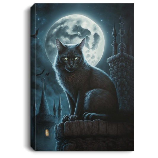 Night Time Magical Cat Under The Full Moon, Cool Black Cat Canvas