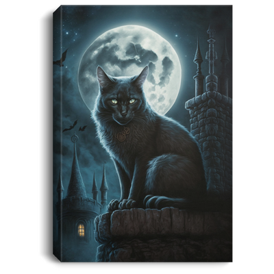 Night Time Magical Cat Under The Full Moon, Cool Black Cat Canvas