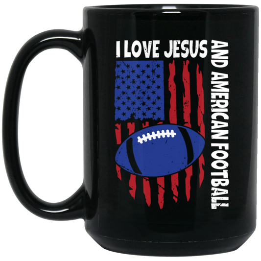 American Flag Gift, I Love Jesus And American Football, Rugby Lover Black Mug