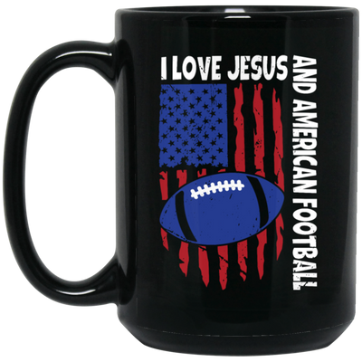 American Flag Gift, I Love Jesus And American Football, Rugby Lover Black Mug