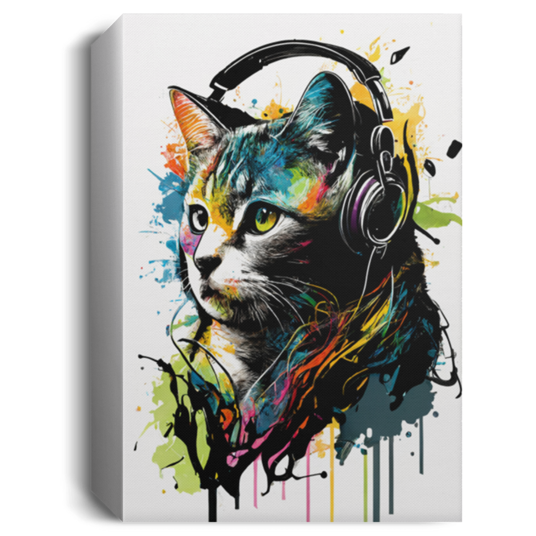 Cat Listening To Music With Headphones, Cat Watercolor, Cat With ColorFull