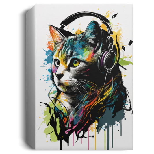 Cat Listening To Music With Headphones, Cat Watercolor, Cat With ColorFull