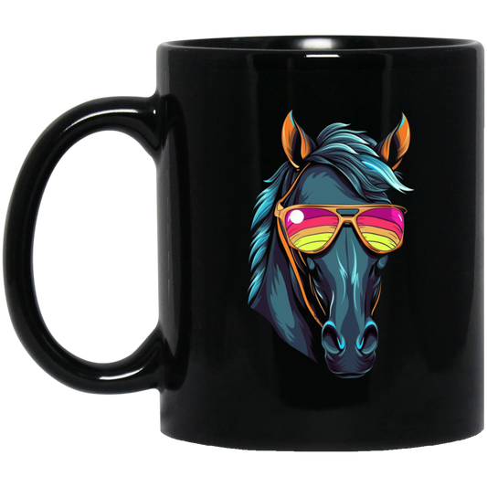 Funny Racing Horse, Horse Wear Sunglasses, Looking Directly At You Black Mug