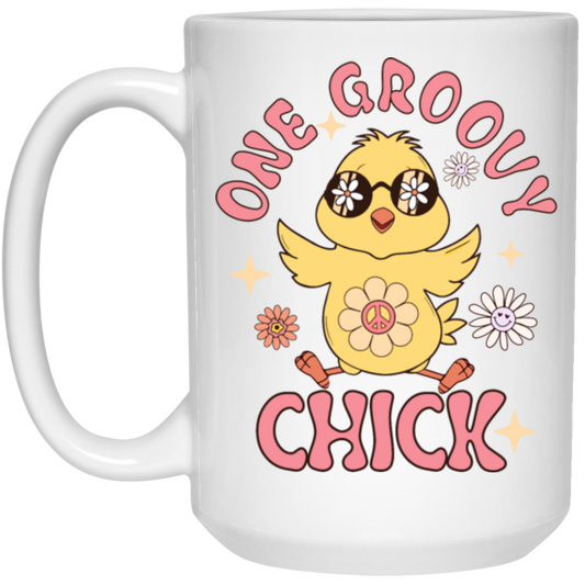 Easter Gift, Chick Love Gift, Chicken Lover, One Groovy Chick Gift, Retro Style White Mug