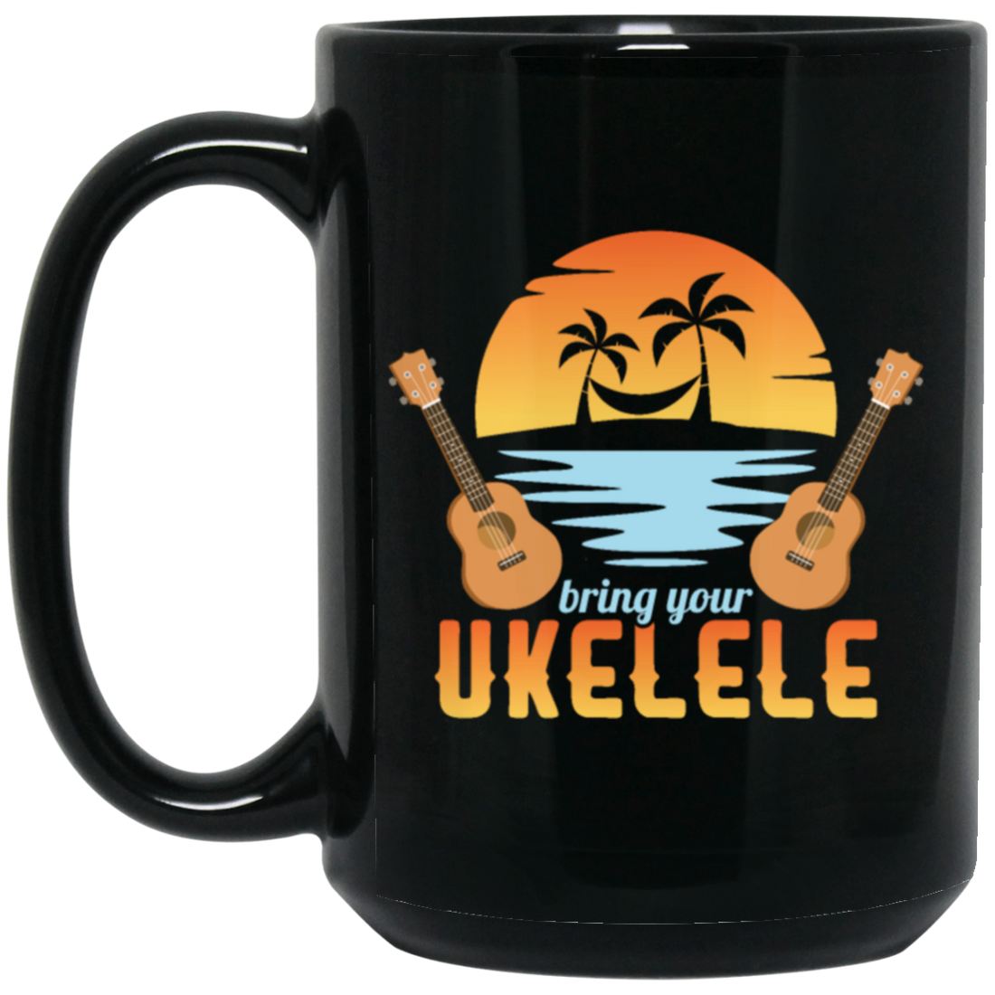 Funny Ukulele Beside The Beach And Palm Tree Hawaiian Musician Black Mug