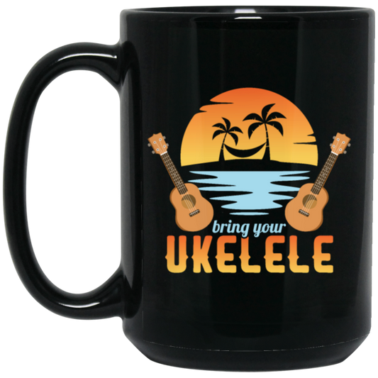 Funny Ukulele Beside The Beach And Palm Tree Hawaiian Musician Black Mug