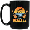 Funny Ukulele Beside The Beach And Palm Tree Hawaiian Musician Black Mug